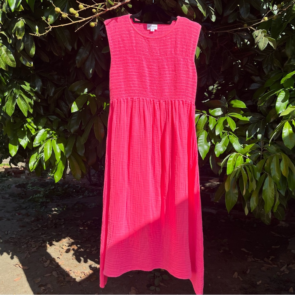 FELICITE hot pink cotton‎ gauze sleeveless smocked bodice midi dress
